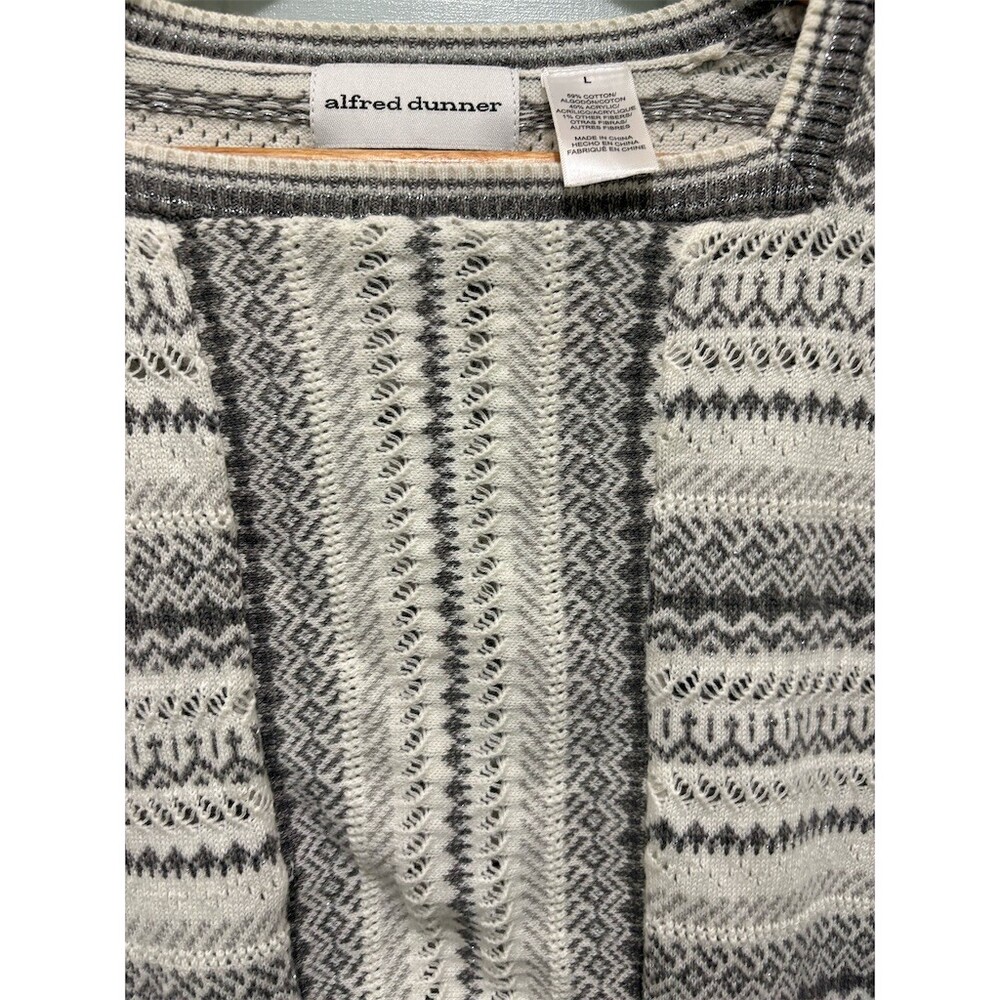 Alfred Dunner Sweater Womens Size L Silver White Geometric Knit Pullover - Picture 3 of 8